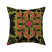 black and red Plumeria Ulu Kalo Quilt on sage with small pattern