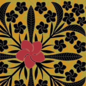 Large black and red Plumeria Ulu Kalo Quilt on mustard with pattern