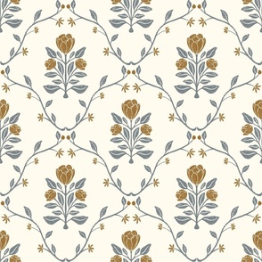 Vintage Botanical Tulip Block Print in Ggold, Cream, and Blue - Classic Fabric Design - Large