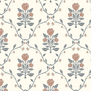 Vintage Botanical Tulip Block Print in Pink, Cream, and Blue - Classic Fabric Design - Large