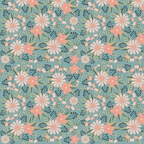 Coral Blossoms on Pale Teal