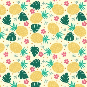 Pineapples, Monstera Leaves, and Hibiscus Flowers on Yellow