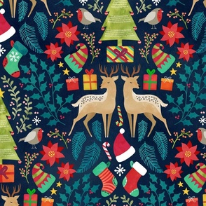 Colorful Christmas tree and deer toile large
