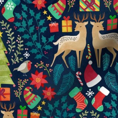 Colorful Christmas tree and deer toile