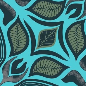 leaves, abstract and geometric design in blue, green and gray - medium scale