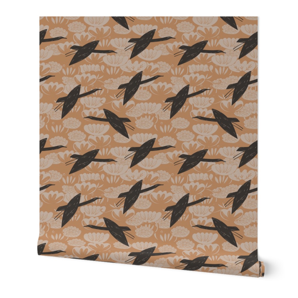 cranes swans, herons birds fly, water lily, simple lines Asian style brown gray