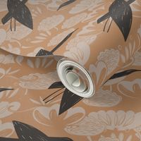 cranes swans, herons birds fly, water lily, simple lines Asian style brown gray