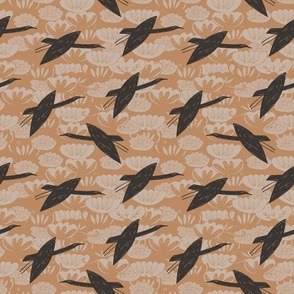 cranes swans, herons birds fly, water lily, simple lines Asian style brown gray