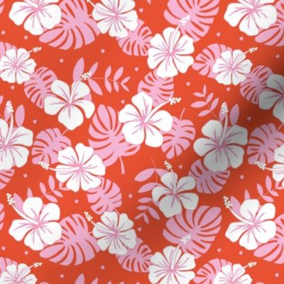 Nineties vibes hibiscus flowers and jungle leaves hawaii tropical summer design pink ruby red 