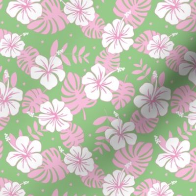 Nineties vibes hibiscus flowers and jungle leaves hawaii tropical summer design pink jade green 