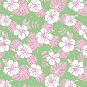 Nineties vibes hibiscus flowers and jungle leaves hawaii tropical summer design pink jade green 