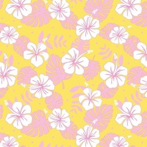 Nineties vibes hibiscus flowers and jungle leaves hawaii tropical summer design pink yellow 