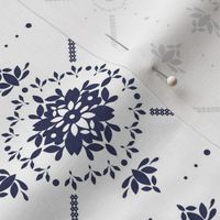 2" navy flowers and crosses on white