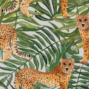 Hand Painted Jungle Leopard With Giant Green Leaves Off White Large