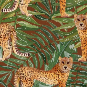 Hand Painted Jungle Leopard With Giant Green Leaves Tan Brown Large