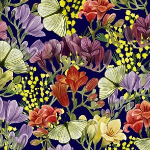 Floral with Freesia, Yellow Mimosa and Butterflies Navy Background Large Scale