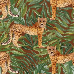 Hand Painted Jungle Leopard With Giant Green Leaves Tan Brown Medium