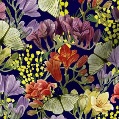 Floral with Freesia, Yellow Mimosa and Butterflies Navy Background Small Scale