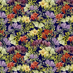 Floral with Freesia, Yellow Mimosa and Butterflies Navy Background Small Scale