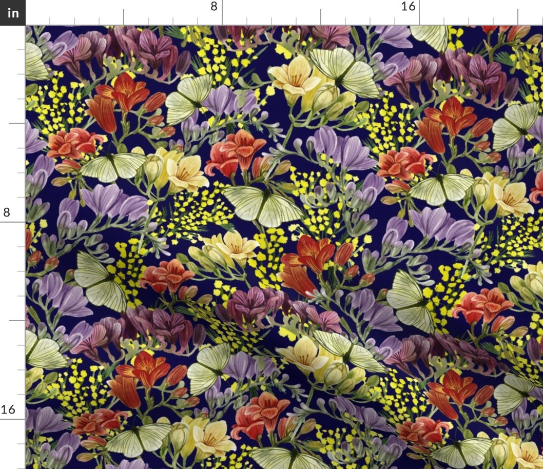 Floral with Freesia, Yellow Mimosa and Butterflies Navy Background Small Scale