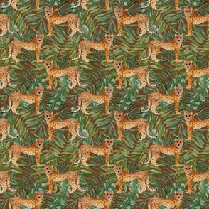 Hand Painted Jungle Leopard With Giant Green Leaves Tan Brown Small