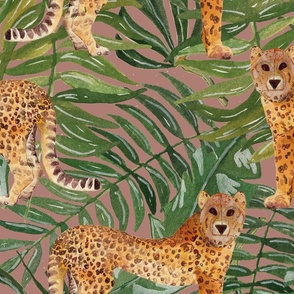 Hand Painted Jungle Leopard With Giant Green Leaves Blush Pink Large