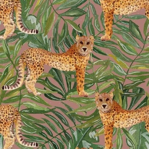 Hand Painted Jungle Leopard With Giant Green Leaves Blush Pink Medium