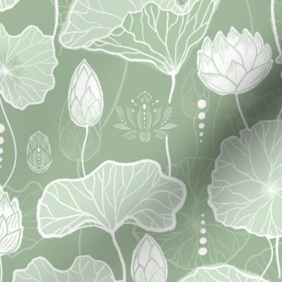 Serene Lotus Flowers and Leaves in Sage
