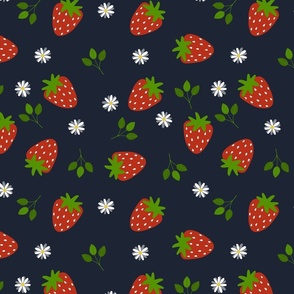 Strawberries and Daisies on Midnight Blue