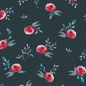 Hand Painted Watercolour Red Rose With Teal Green Leaves Dark Green Large