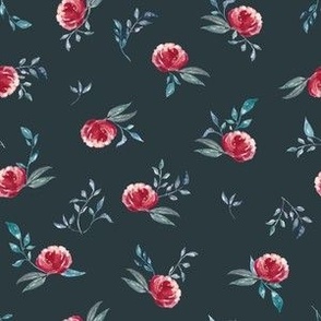 Hand Painted Watercolour Red Rose And Teal Green Leaves Dark Green Small