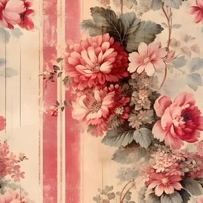 Pink & Cream Distressed Floral Wallpaper - large