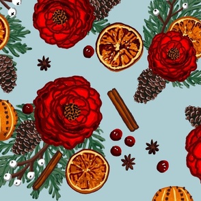 Winter Floral citrus and spice on light blue