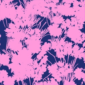 Large Pink Wildflowers Silhouette Luxe Serene Botanical Navy Blue Flower Field Design Shadow Pattern