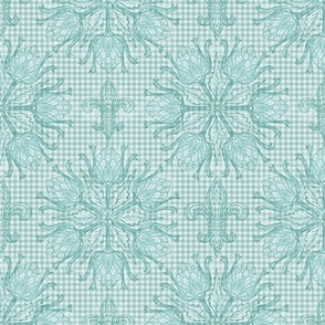 artichoke  &  fleur de lis toile in muted teal blue green | French Country mid aqua turquoise and cream off white gingham check picnic plaid | large