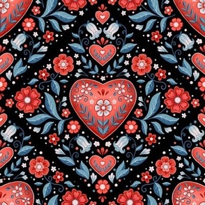 Red Damask Hearts on Black-8" repeat