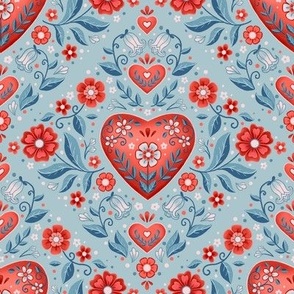 Red Damask Hearts in Light Blue-8" repeat