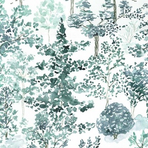 large - Forest in spring - watercolor and ink trees - woodland - eucalyptus teal gray green version