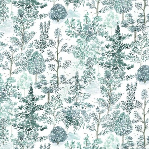 medium - Forest in spring - watercolor and ink trees - woodland - eucalyptus teal gray green version