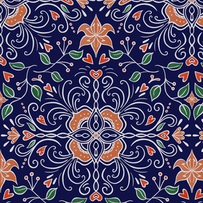 Lily and Hearts - dark blue and orange