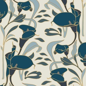 Calla Lily Flowers & Leaves Teal