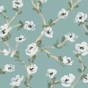 watercolor branches with white flowers and light blue  teal background