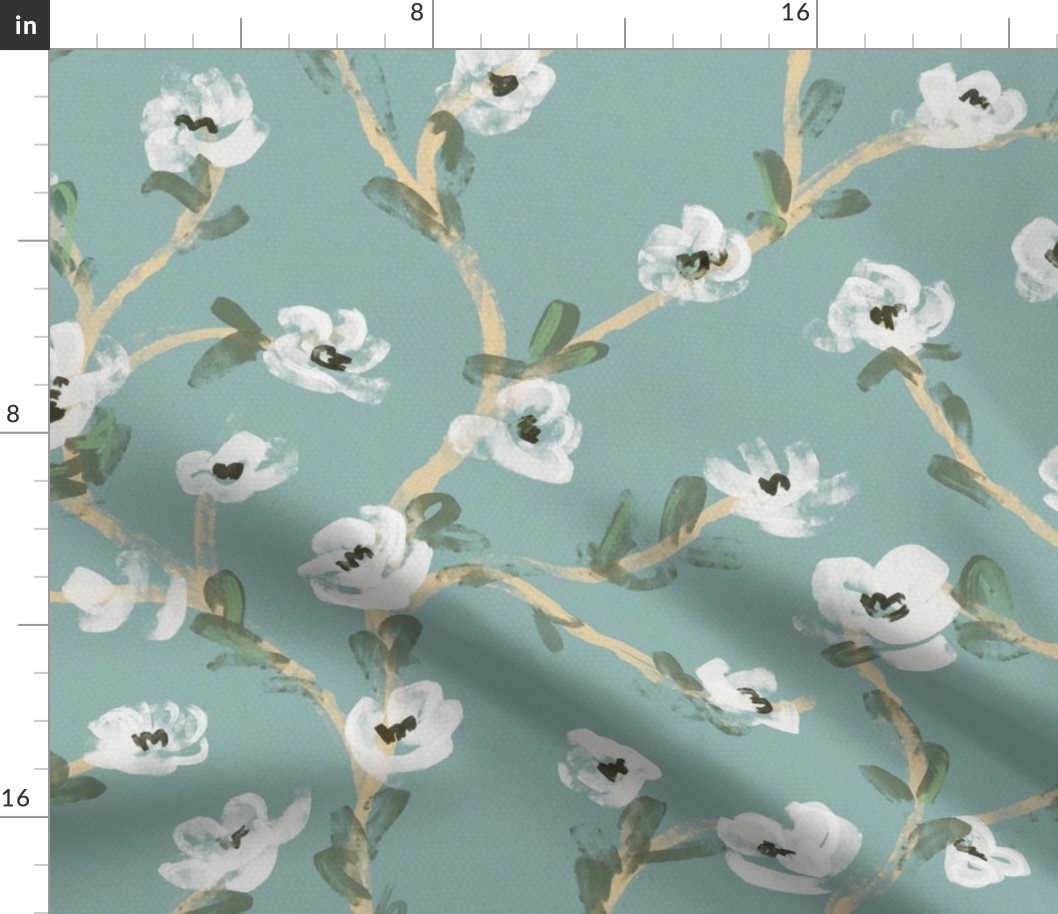 watercolor branches with white flowers and light blue  teal background