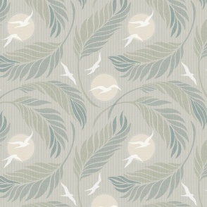 Serene Wallscapes - Soaring Seabirds and Swaying Palms, Taupe, Green, Yellow