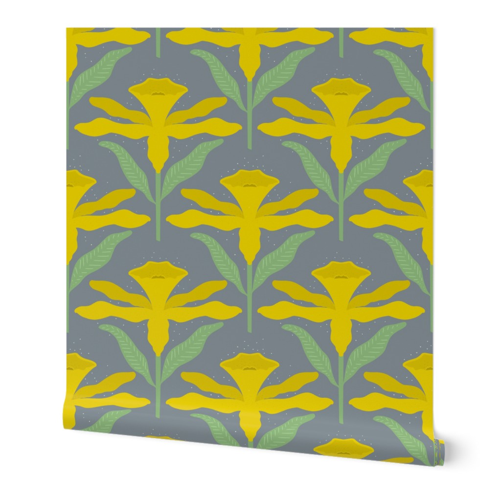 Minimalist Yellow Spring Daffodil│Cute Floral Daffodil Pattern on Steel Blue Fabric