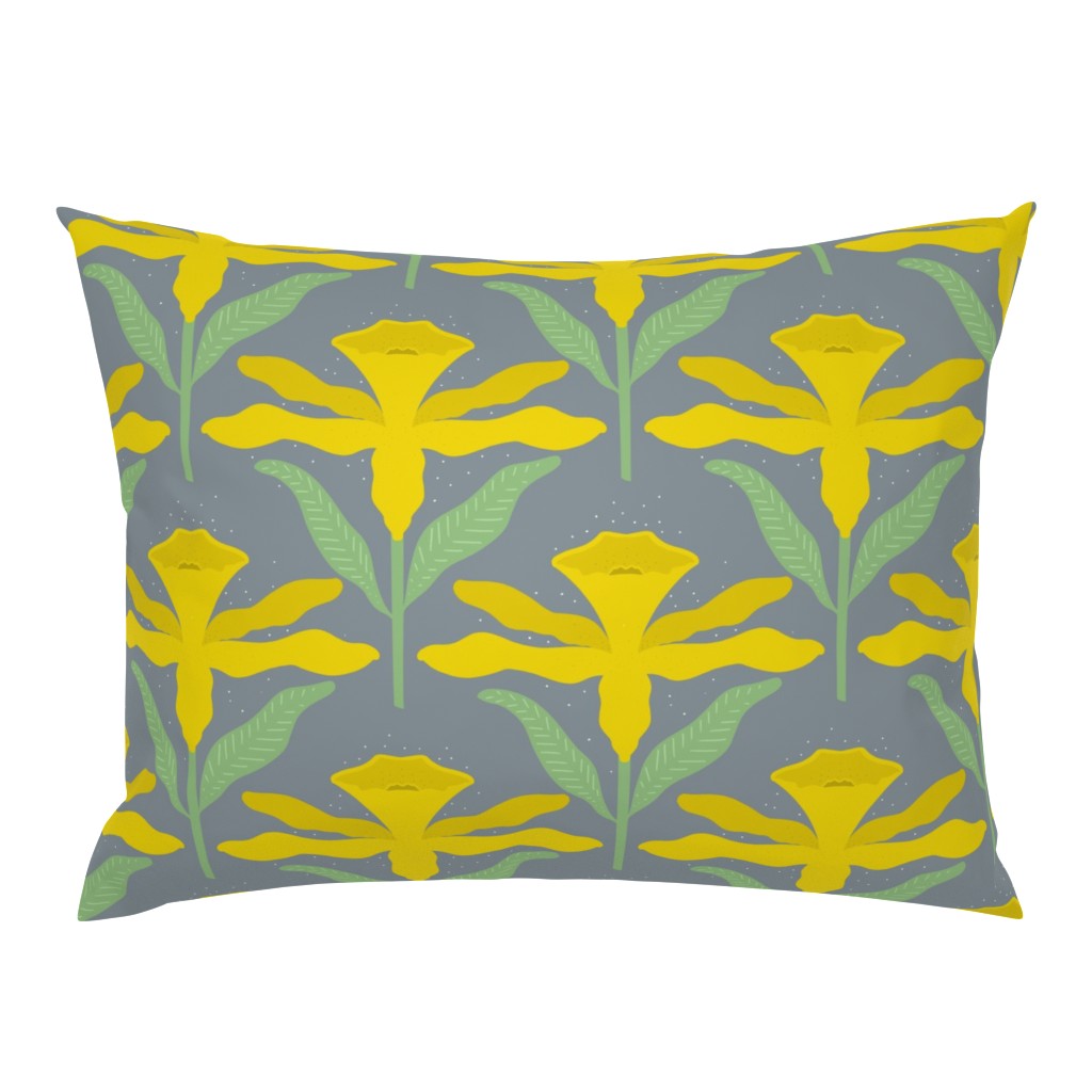 Minimalist Yellow Spring Daffodil│Cute Floral Daffodil Pattern on Steel Blue Fabric