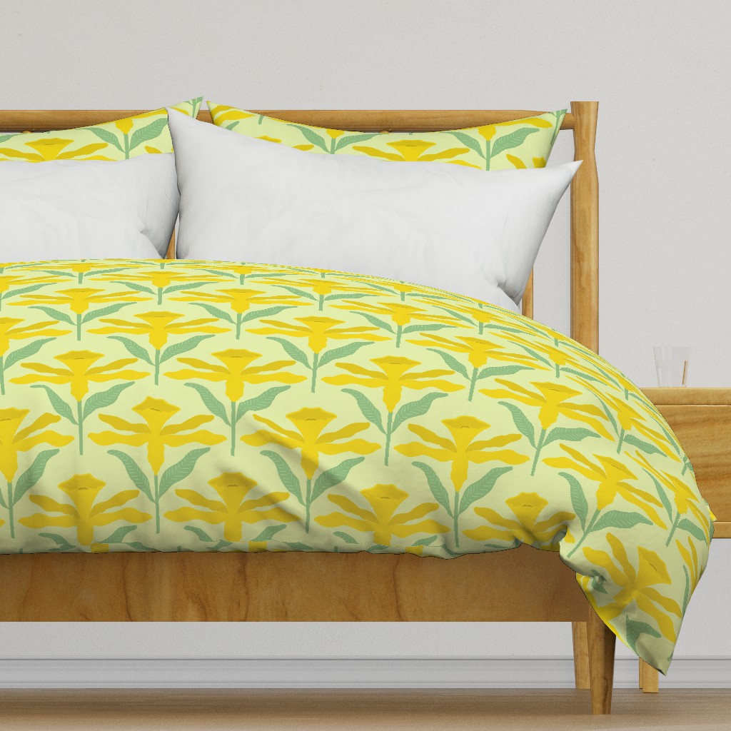 Minimalist Yellow Spring Daffodil│Cute Floral Daffodil Pattern on Green Fabric