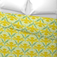 Minimalist Yellow Spring Daffodil│Cute Floral Daffodil Pattern on Green Fabric