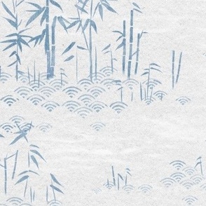 Bamboo Paper, Indigo Wash | Bamboo plants with block printed waves pattern in indigo blue on a rice paper texture in gray, calm, tranquil nature wallpaper in blue and gray, rustic neutrals for Zen garden, yoga and meditation.