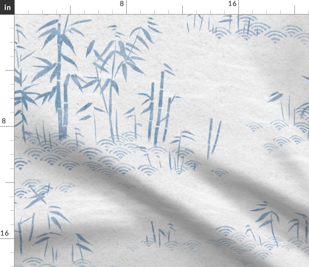 Bamboo Paper, Indigo Wash (xl scale) | Bamboo plants with block printed waves pattern in indigo blue on a rice paper texture in gray, calm, tranquil nature wallpaper in blue and gray, rustic neutrals for Zen garden, yoga and meditation.